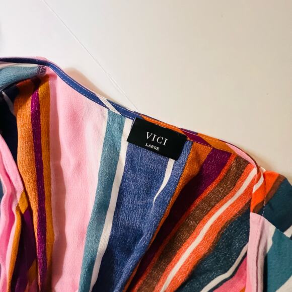 Vici Multicolored striped Short Sleeve Wrap Maxi Dress size L Large - Picture 4 of 5